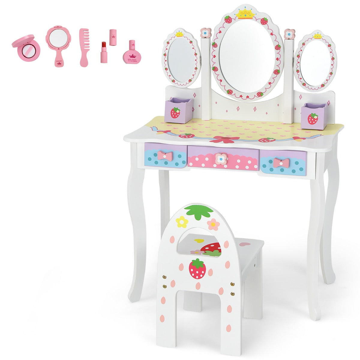Set toeletta con specchio tripartito per bambini, Set tavolo e sedia con 3 cassetti 2 scatole sgabello Bianco-Toelette per bimbi