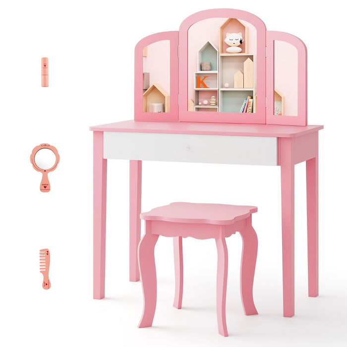 Set toeletta con con specchio tripartito e cassetto per bambini, Scrivania smontabile 2 in 1 per leggere Rosa-Toelette per bimbi