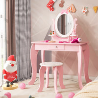 Set toeletta con specchio per bambini 3-7 anni, Tavolo con cassetti e sgabello imbottito 70x34x101cm Rosa-Toelette per bimbi