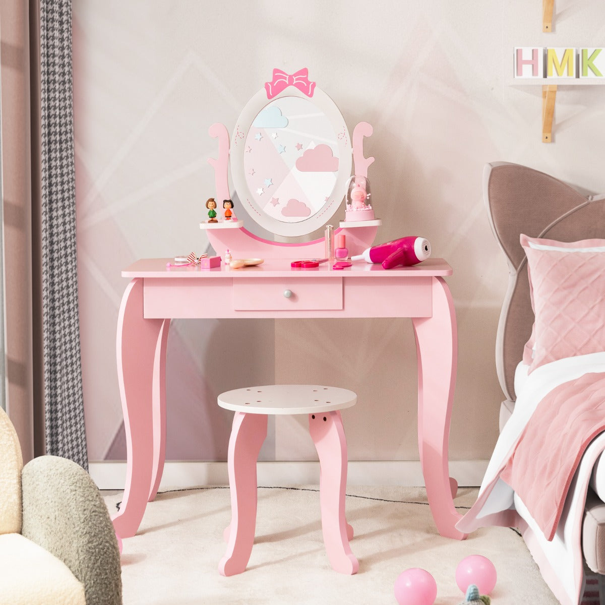 Set toeletta con specchio per bambini 3-7 anni, Tavolo con cassetti e sgabello imbottito 70x34x101cm Rosa-Toelette per bimbi