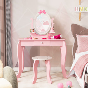 Set toeletta con specchio per bambini 3-7 anni, Tavolo con cassetti e sgabello imbottito 70x34x101cm Rosa-Toelette per bimbi
