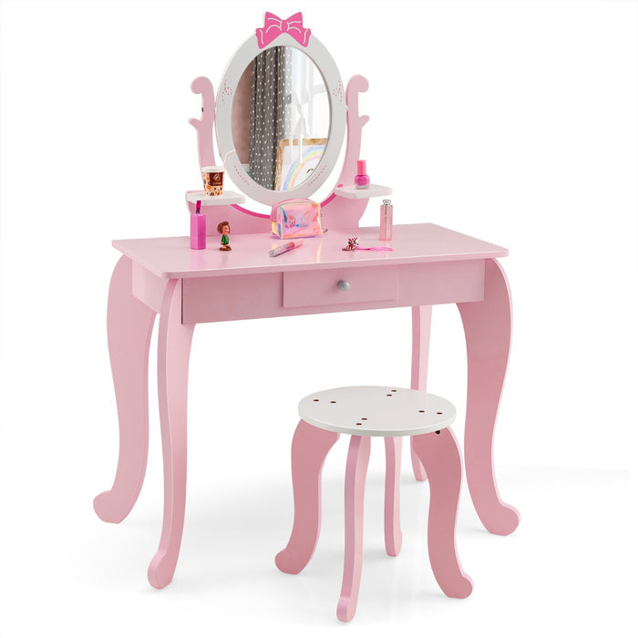 Set toeletta con specchio per bambini 3-7 anni, Tavolo con cassetti e sgabello imbottito 70x34x101cm Rosa-Toelette per bimbi