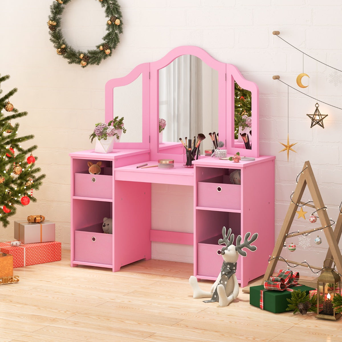 Set toeletta per bambini con specchio a 3 ante rimovibile e 4 cassetti in tessuto, Mobile da trucco per bambini Rosa-Toelette per bimbi