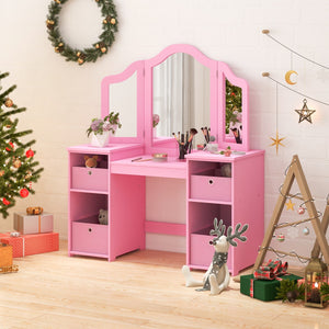 Set toeletta per bambini con specchio a 3 ante rimovibile e 4 cassetti in tessuto, Mobile da trucco per bambini Rosa-Toelette per bimbi