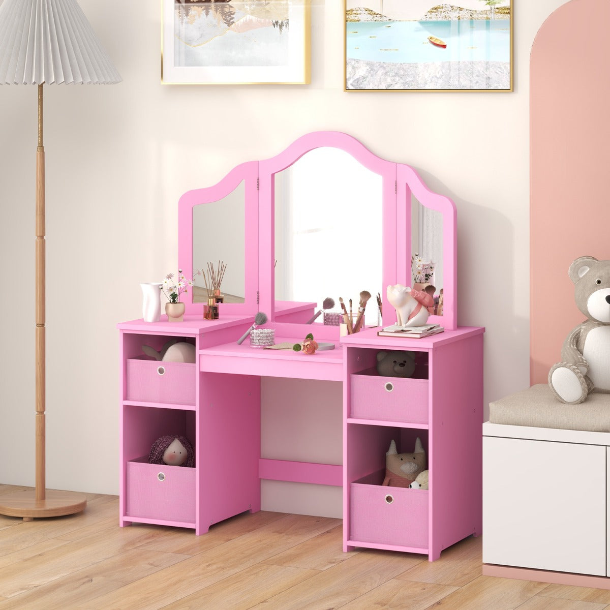 Set toeletta per bambini con specchio a 3 ante rimovibile e 4 cassetti in tessuto, Mobile da trucco per bambini Rosa-Toelette per bimbi