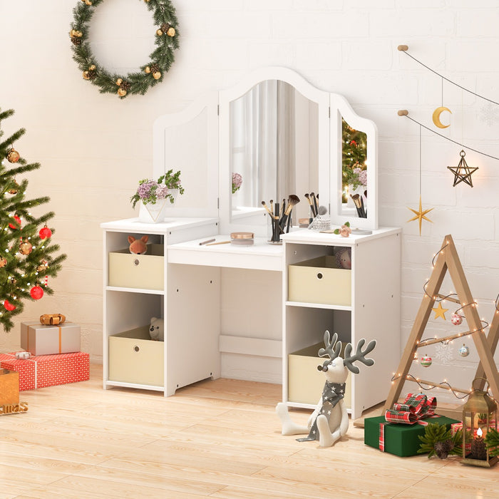 Set toeletta per bambini con specchio a 3 ante rimovibile e 4 cassetti in tessuto, Mobile da trucco per bambini Bianco-Toelette per bimbi