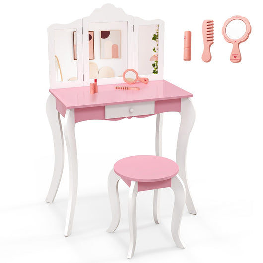 Set toletta da trucco per bambini con specchio in acrilico a 3 pannelli, Tavolo da trucco con sgabello Bianco-Toelette per bimbi