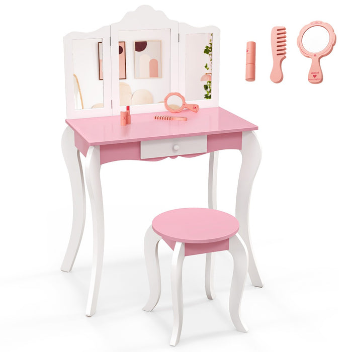 Set toletta da trucco per bambini con specchio in acrilico a 3 pannelli, Tavolo da trucco con sgabello Bianco-Toelette per bimbi