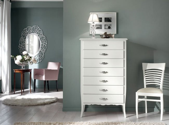 Cassettiera 7 cassetti in legno arte povera laccato bianco opaco l.85 x p.47 h.139 (3031) - Mobili 2G