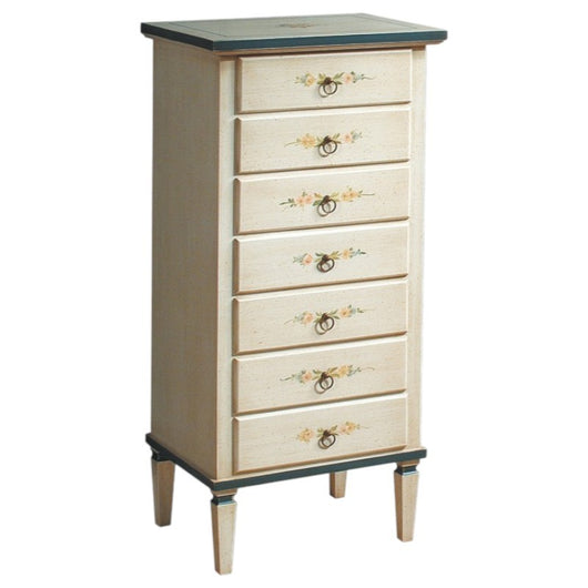 Cassettiera 7 cassetti in legno arte povera laccato bianco con profili blu e decori l.49 x p.37 h.106 (1345) - Mobili 2G