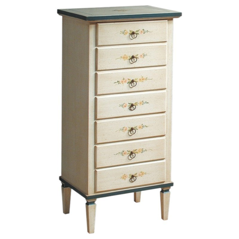 Cassettiera 7 cassetti in legno arte povera laccato bianco con profili blu e decori l.49 x p.37 h.106 (1345) - Mobili 2G