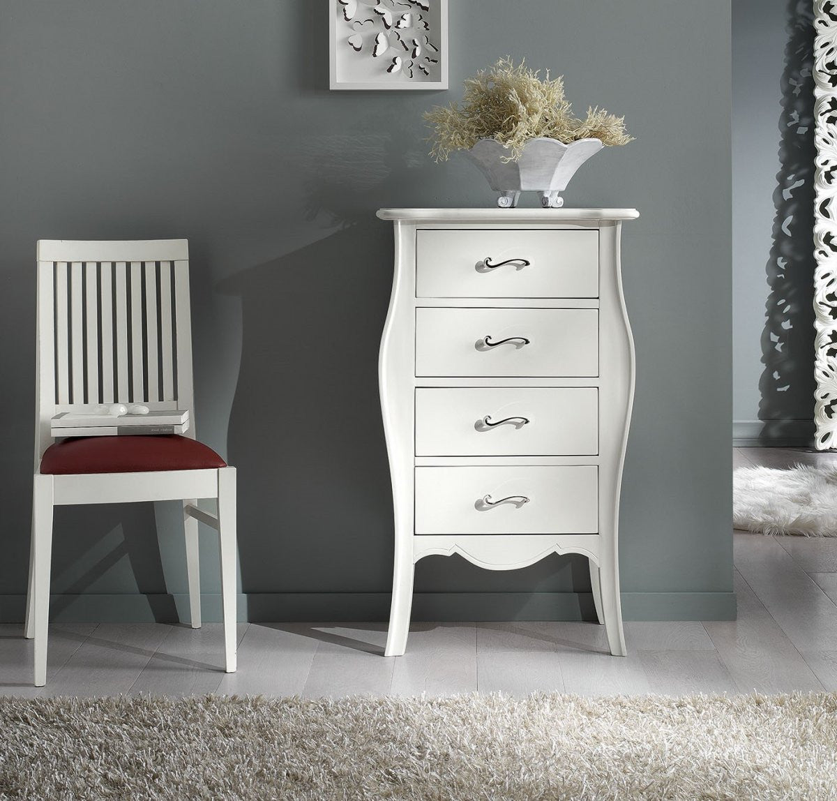 Cassettiera 4 cassetti in legno arte povera laccato bianco opaco l.62 x p.42 h.105 (3034) - Mobili 2G