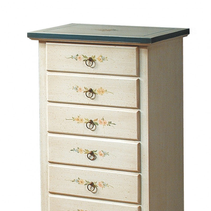 Cassettiera 7 cassetti in legno arte povera laccato bianco con profili blu e decori l.49 x p.37 h.106 (1345) - Mobili 2G