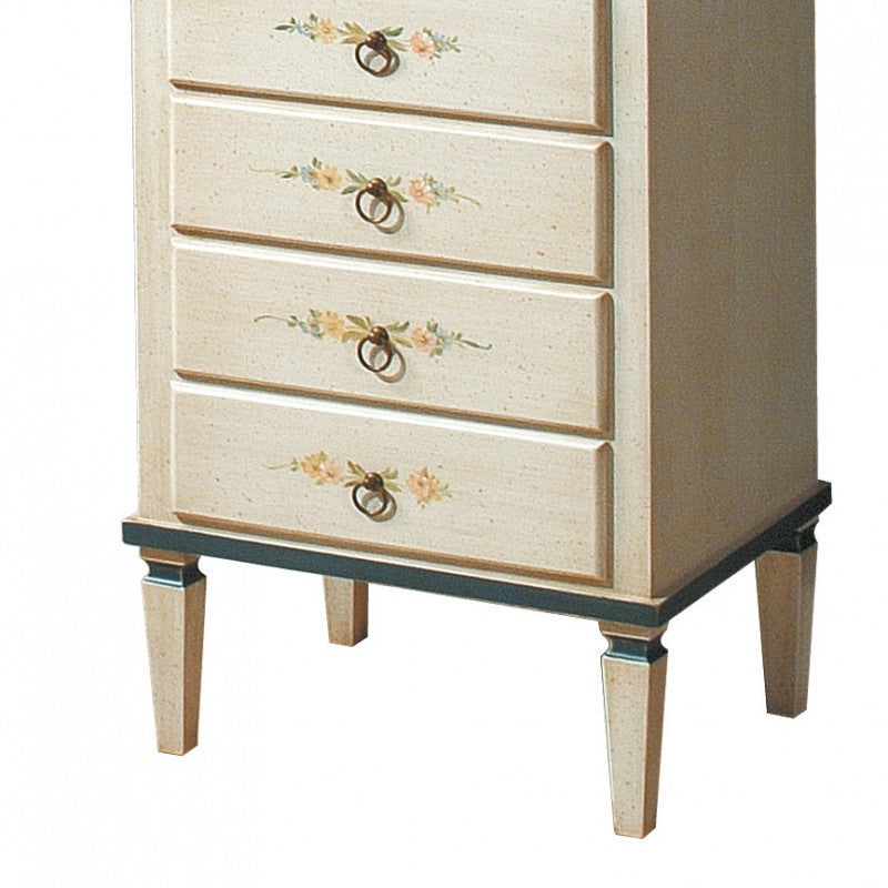 Cassettiera 7 cassetti in legno arte povera laccato bianco con profili blu e decori l.49 x p.37 h.106 (1345) - Mobili 2G