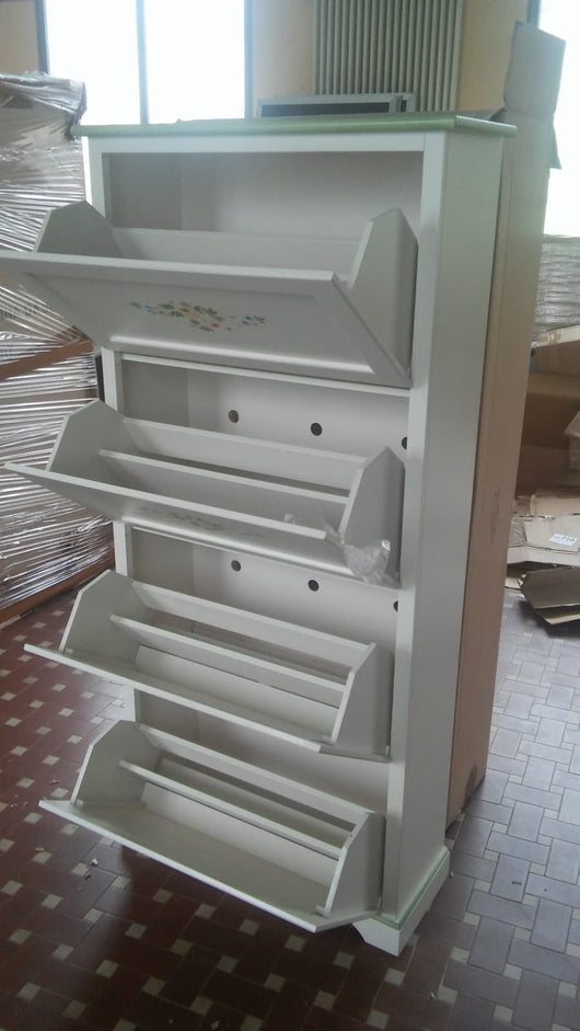 Scarpiera 4 ante  laccato bianco  con decorazioni e profili verdi misure l.79 p.30 h.170 (505) - Mobili 2G