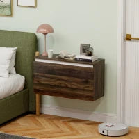 Comodino Sospeso con Cassetto Senza Maniglie e con Fissaggio a Parete, 80x30x45cm, Noce