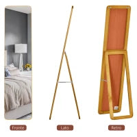 Specchio da Terra e da Parete con Struttura in Legno, Supporto Pieghevole con Cerniera, 37x43x156cm, Noce Chiaro