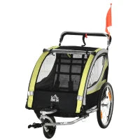Rimorchio Bici per Bambini e Passeggino, Design 2 in 1 con Freno, Cintura a 5 Punti, Carrello Rimorchio per Bicicletta con Tasche Laterali, Catarifrangenti e Bandierina, Giallo
