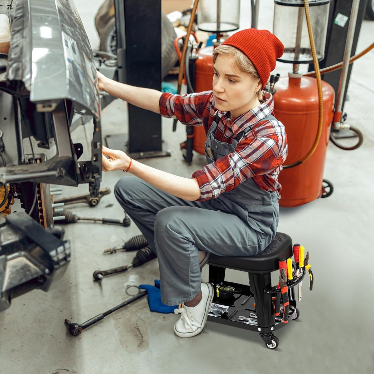 Sgabello da garage a rotelle con ripostiglio, Sedile meccanico per auto con vassoio per attrezzi e portattrezzi Nero-Utensili