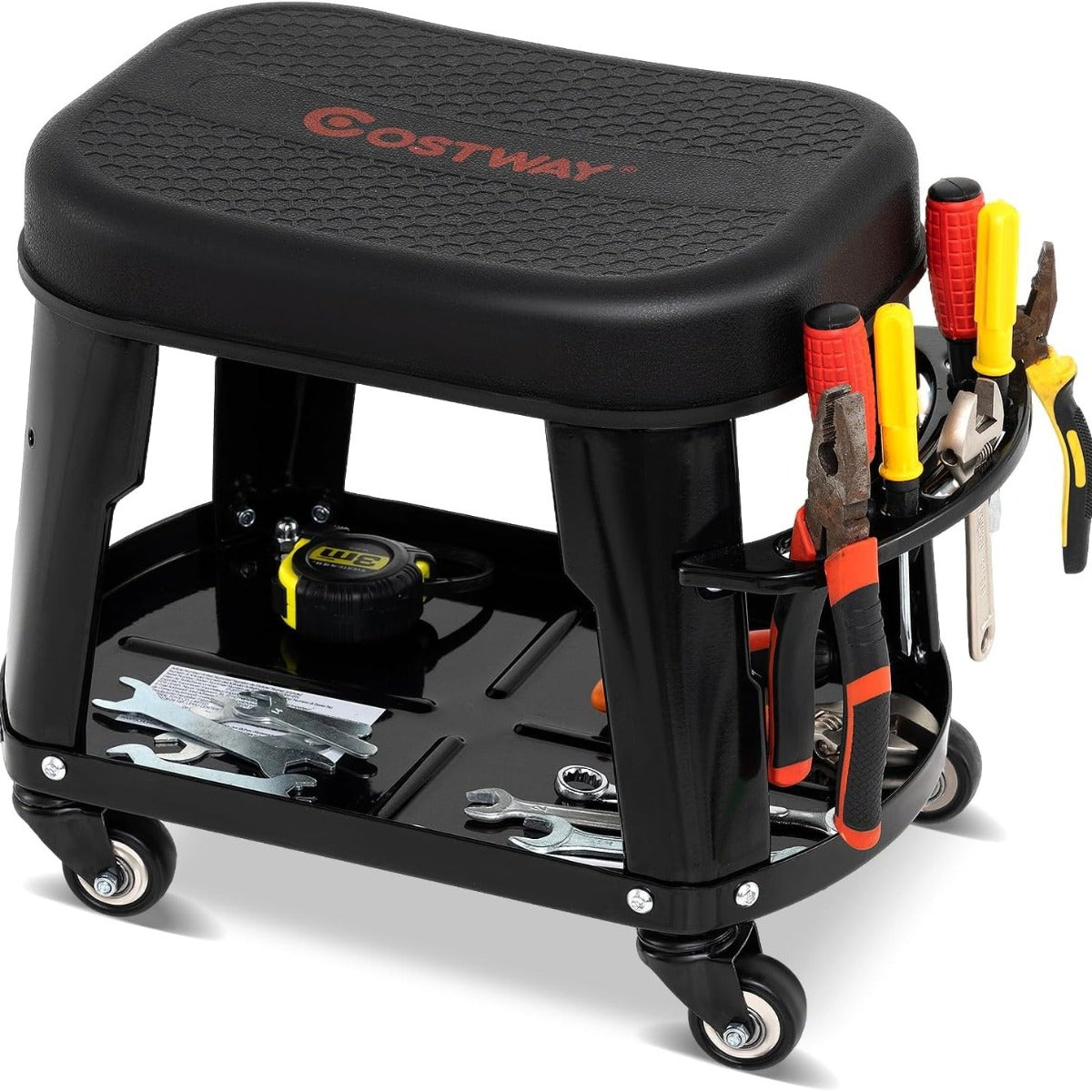 Sgabello da garage a rotelle con ripostiglio, Sedile meccanico per auto con vassoio per attrezzi e portattrezzi Nero-Utensili