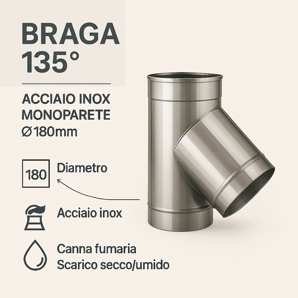 Raccordo braga 135° mono parete metallica spessore 0,5 mm canna fumaria *** misura Ø 180 mm, confezione 1