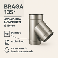 Raccordo braga 135° mono parete metallica spessore 0,5 mm canna fumaria *** misura Ø 180 mm, confezione 1