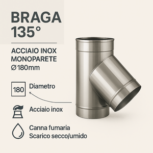 Raccordo braga 135° mono parete metallica spessore 0,5 mm canna fumaria *** misura Ø 180 mm, confezione 1