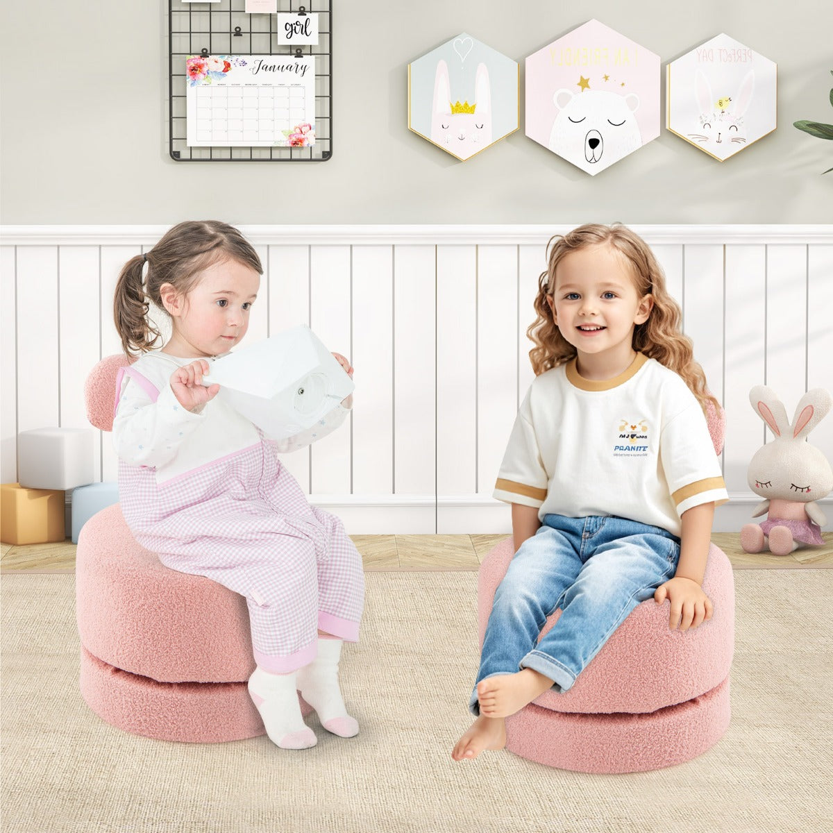 Sgabelli per bambini rivestiti in velluto con schienale a fiocco, Set di 2 sedie girevoli a 360¡ã per soggiorno Rosa-Divani per bimbi