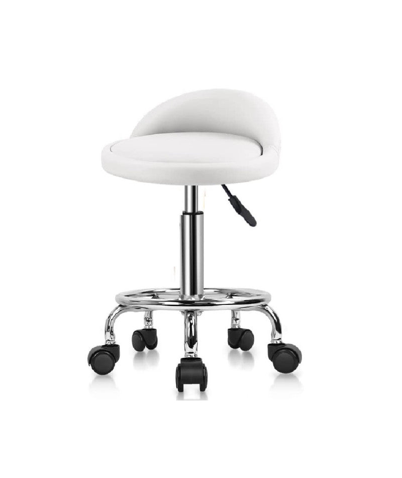 Sgabello Estetista per pedicure/manicure con Ruote - Regolabile in Altezza - Girevole - con Schienale e Poggiapiedi - Nero-COD 001 BIanco