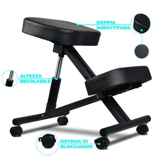 Sedia Sgabello Ortopedico Posturale Regolabile in Altezza con Cuscini Ultra-Comfort e Sistema di Bloccaggio Ruote Nera