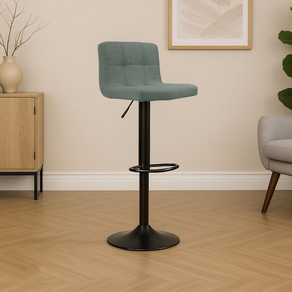 Sgabello regolabile con seduta in tessuto verde e base in metallo nero opaco Mosva