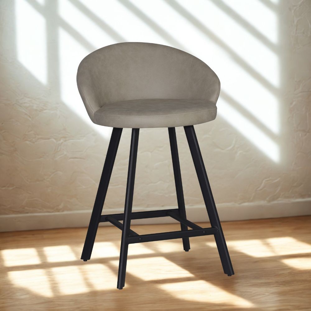 Sgabello Saki con seduta imbottita in nabuk tortora e gambe nere – Comfort compatto per ambienti moderni