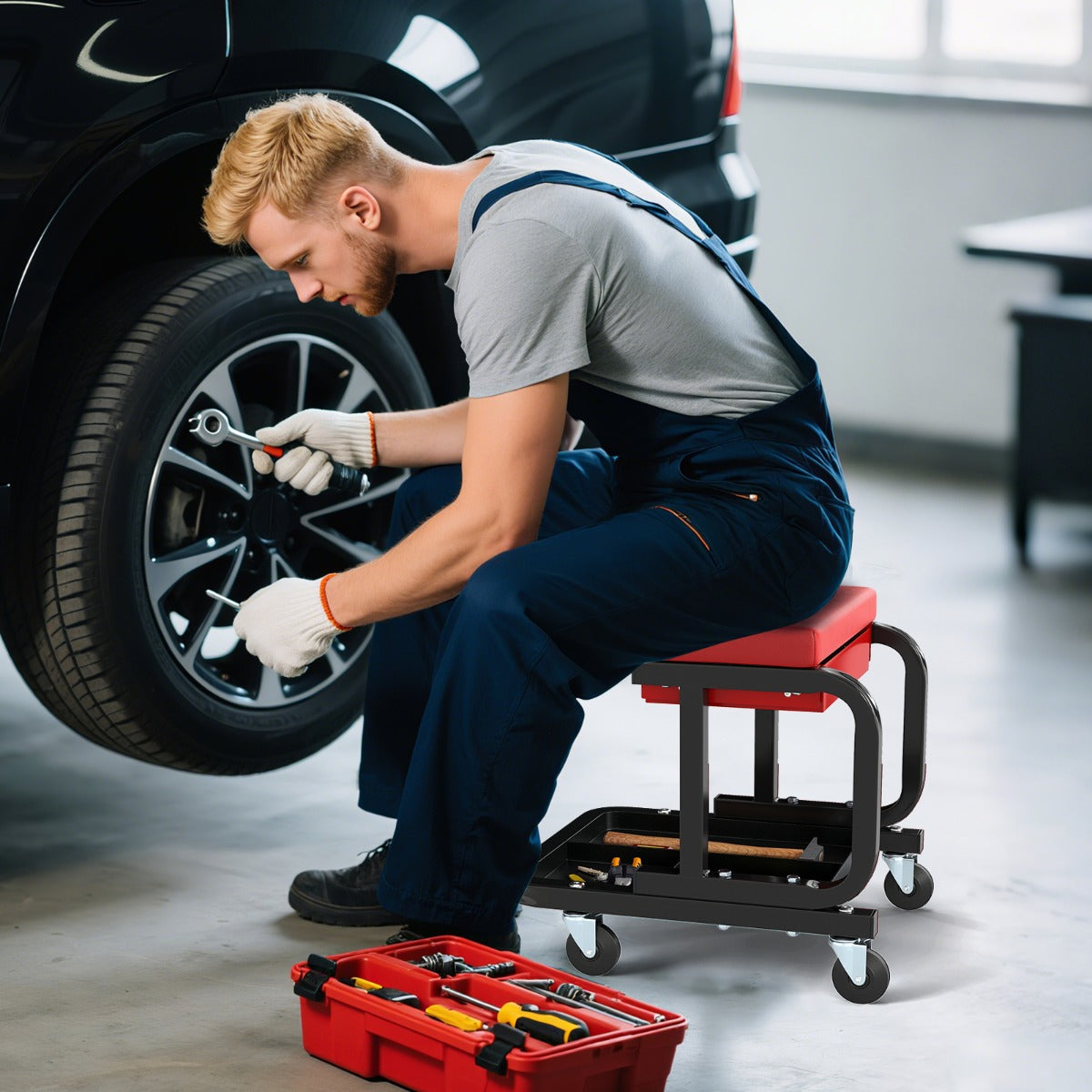 Sgabello a rotelle imbottita con cassetto per attrezzi e ruote universali, Sedia da meccanico con capacit¨¤ Rosso-Deposito utensili Tool