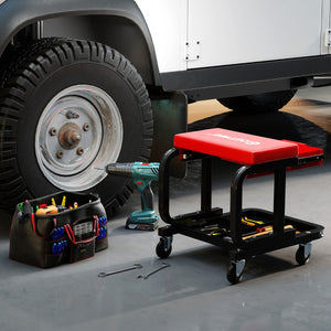Sgabello a rotelle imbottita con cassetto per attrezzi e ruote universali, Sedia da meccanico con capacit¨¤ Rosso-Deposito utensili Tool