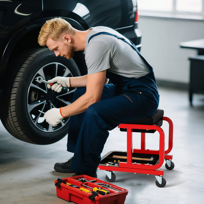 Sgabello a rotelle imbottita con cassetto per attrezzi e ruote universali, Sedia da meccanico con capacit¨¤ Nero-Deposito utensili Tool