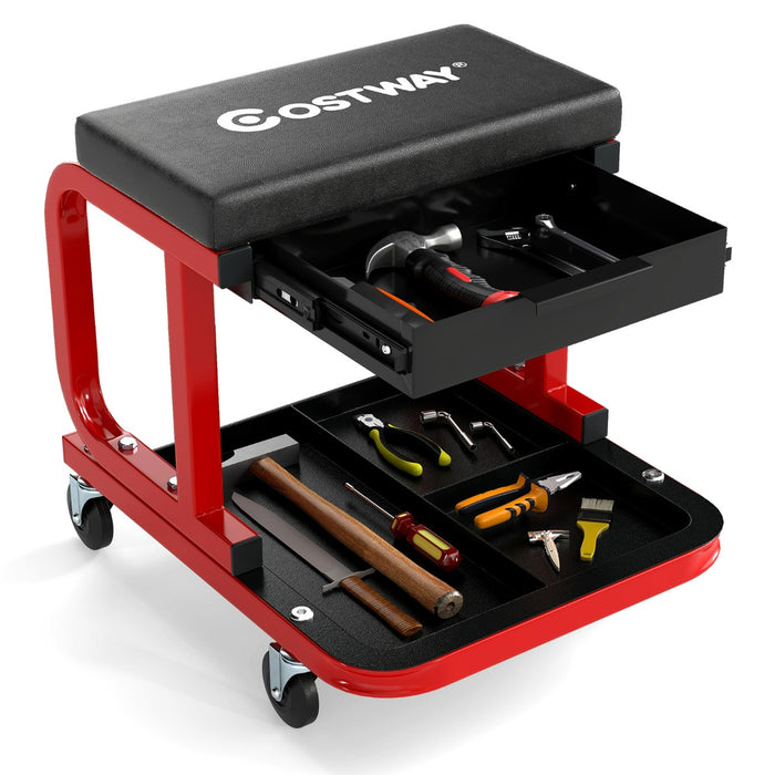 Sgabello a rotelle imbottita con cassetto per attrezzi e ruote universali, Sedia da meccanico con capacit¨¤ Nero-Deposito utensili Tool