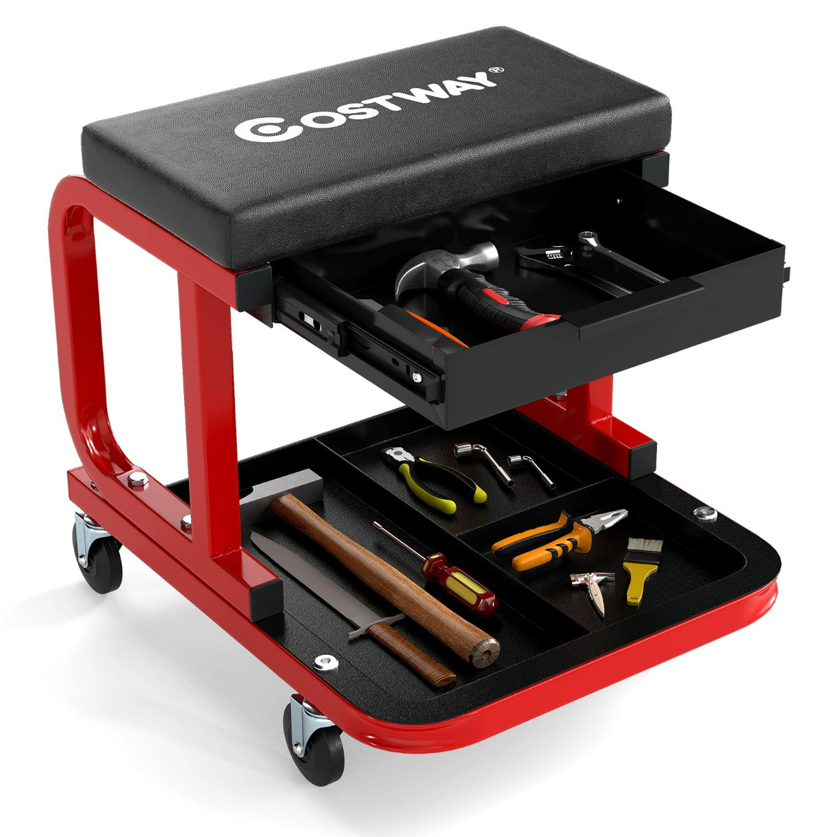 Sgabello a rotelle imbottita con cassetto per attrezzi e ruote universali, Sedia da meccanico con capacit¨¤ Nero-Deposito utensili Tool