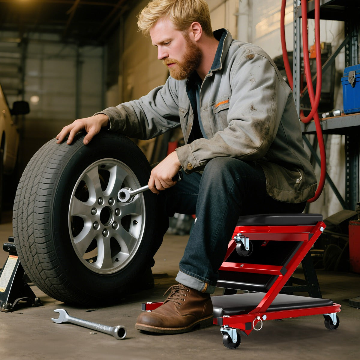 Sgabello automobilistico pieghevole e 6 rotelle universali, Sgabello per meccanico convertibile per officina Nero e rosso-Utensili