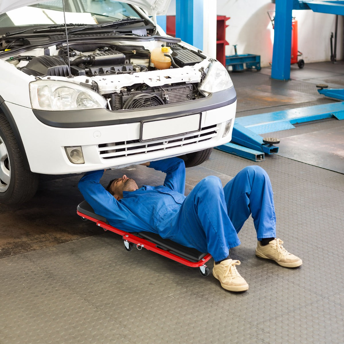 Sgabello automobilistico pieghevole e 6 rotelle universali, Sgabello per meccanico convertibile per officina Nero e rosso-Utensili