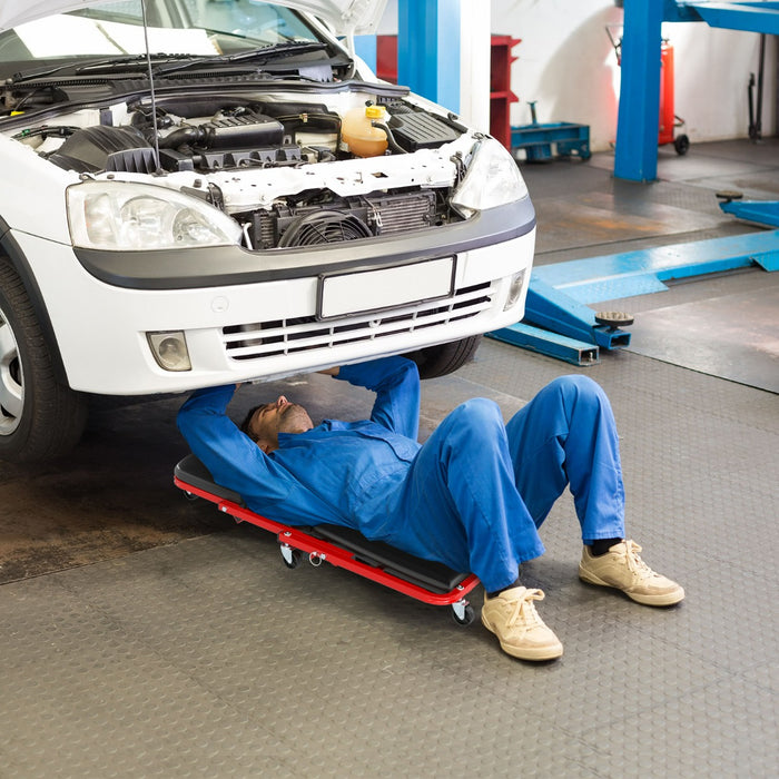 Sgabello automobilistico pieghevole e 6 rotelle universali, Sgabello per meccanico convertibile per officina Nero e rosso-Utensili