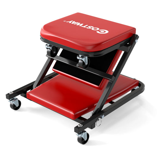 Sgabello automobilistico pieghevole e 6 rotelle universali, Sgabello per meccanico convertibile per officina Rosso-Utensili