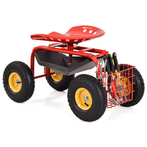 Sgabello da giardino con ruote seduta regolabile in altezza e girevole a 360¡ã cestello, Sedile per giardinaggio Rosso-Attrezzi da giardino