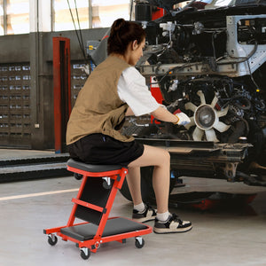 Sedia per meccanico 2 in 1 con sedile imbottito e 6 ruote, Sgabello da officina pieghevole a forma di Z Rosso-Utensili