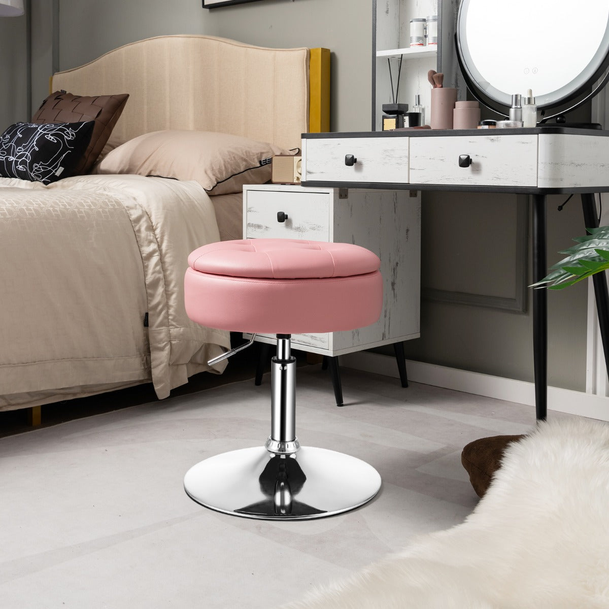 Sgabello girevole a 360¡ã per vanit¨¤ con portaoggetti, Sedia in pelle PU regolabile in altezza da 51-66cm Rosa-Sgabelli