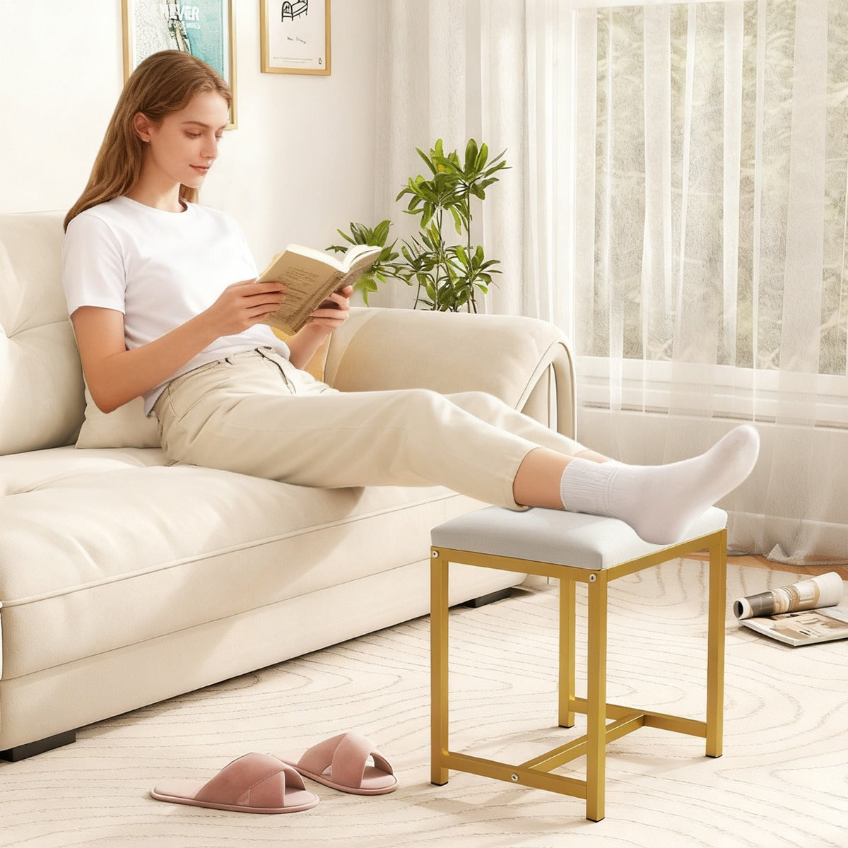 Sgabello vanity sedia trucco con cuscino morbido imbottito, Sgabello poggiapiedi compatto per camera-Sgabelli