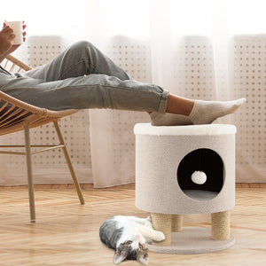 Sgabello nicchia per gatti con pali tiragraffi e pallina di peluche, Casetta per animali domestici multiuso Beige-Lettini e divanetti