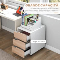Cassettiera in MDF con 3 Cassetti e Ruote per Ufficio o Studio Bianca e Legno, 40x50x57.5cm