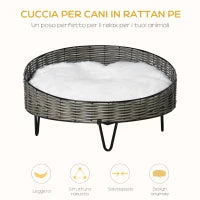 Cuccia per Cani e Gatti in Rattan PE con Cuscino in Peluche Lavabile, Φ60x32cm Grigio Scuro