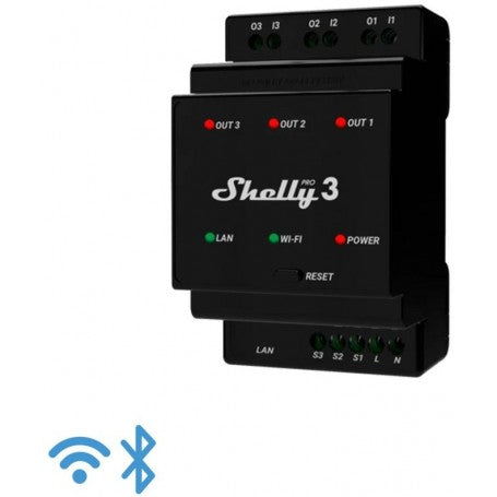Shelly PRO 3, Rel√® WiFi, LAN Bluetooth, 3 Canali, guida DIN, controllo apparecchi ad  uso residenziale e commerciale