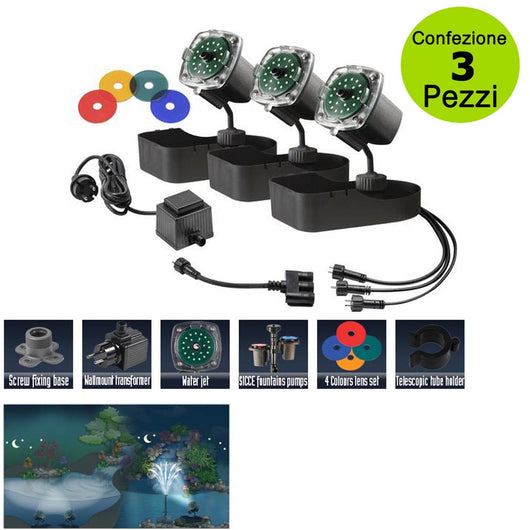 Multipack da 3 pz faretto per laghetto a led luce soffusa giardini, laghetti, fontane ed ambienti acquatici